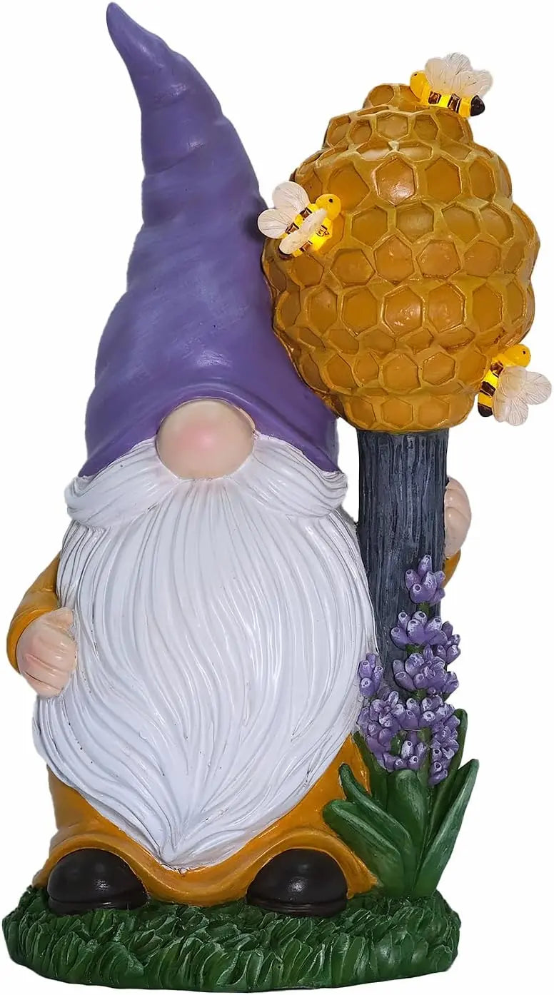 Garden gnome figurine with purple hat and honeycomb beehive topper with bees