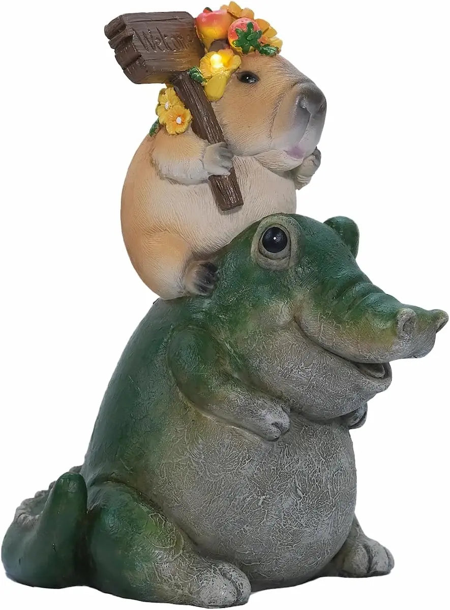 capybara riding alligator garden ornament with solar LED lights