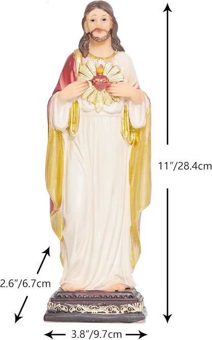 Sacred Heart of Jesus resin statue with dimensions, 11 inches height