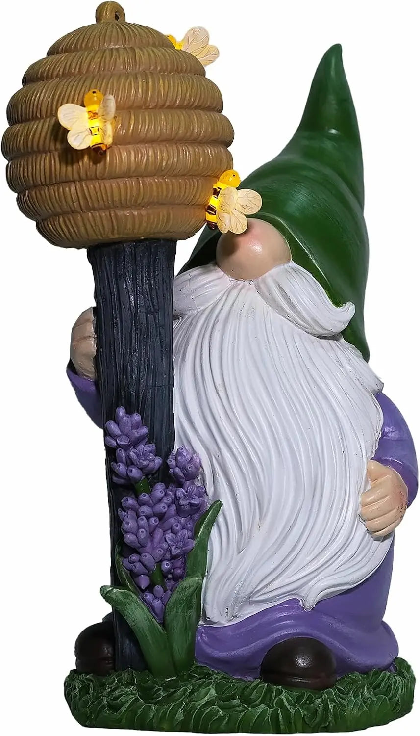 outdoor gnome figurine close-up with green hat, beehive staff, and bee LED lights