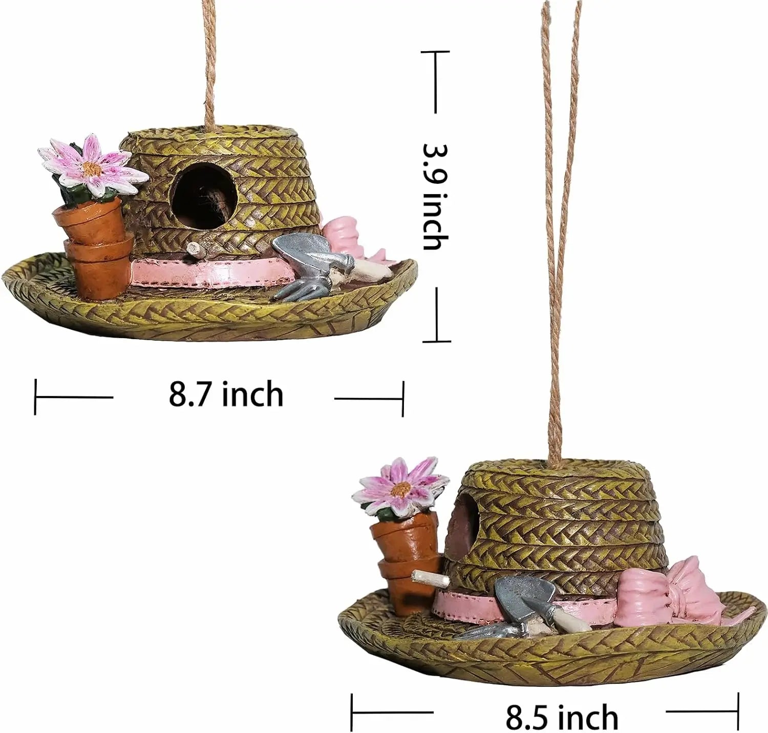 Garden hat birdhouse with dimensions 8.7 inch width and 3.9 inch height shown from two angles