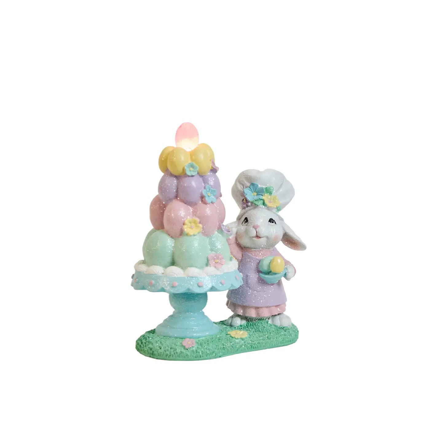 ighted Easter bunny figurine with glowing pink egg at top of tiered tower — battery-operated LED spring décor piece