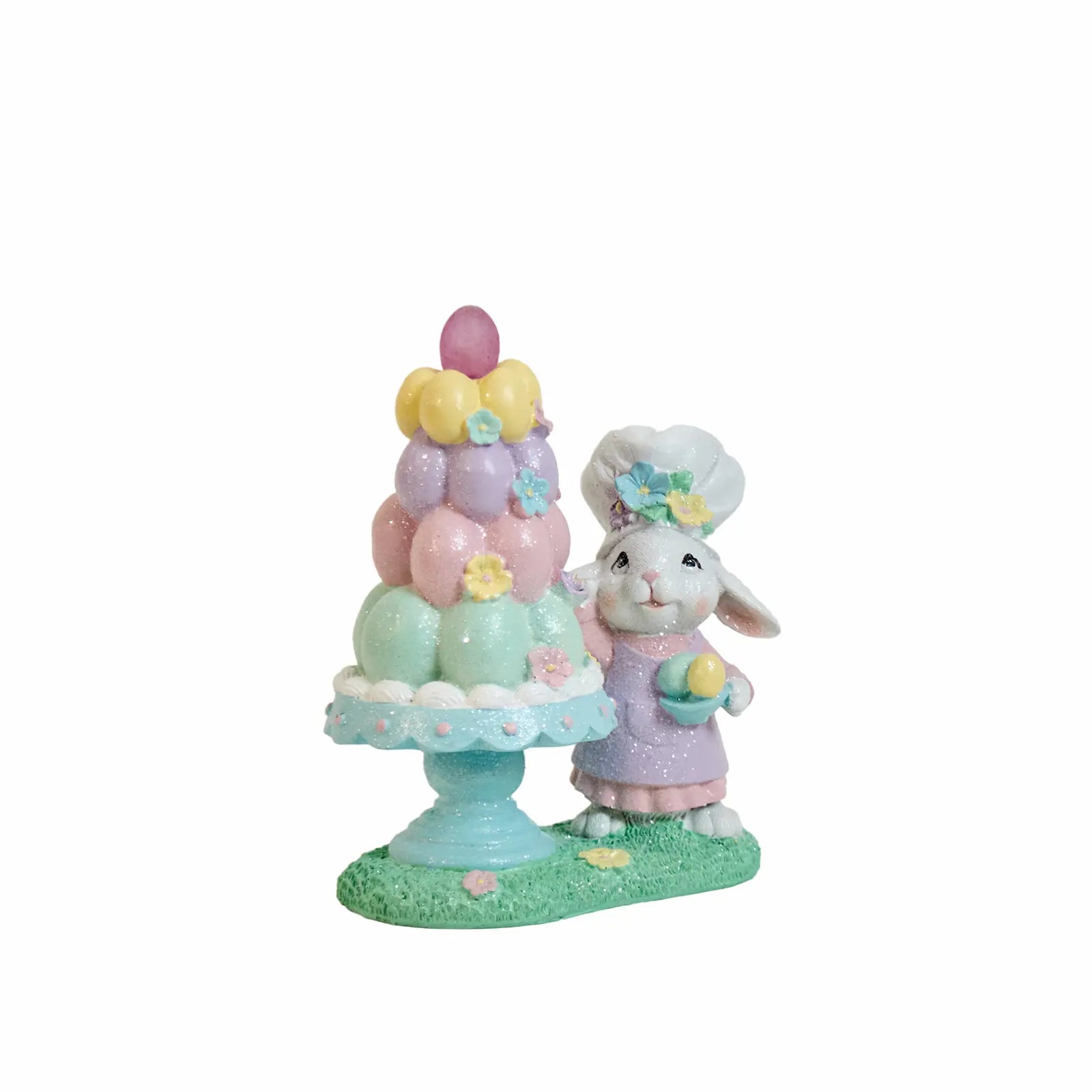 Easter bunny baker figurine with pastel egg tower on blue cake stand — hand-painted glitter resin spring decoration