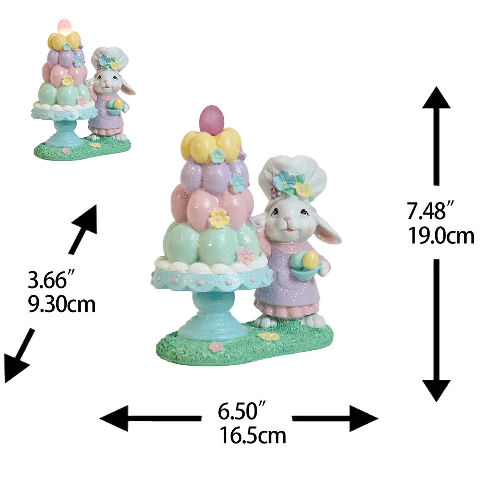 Easter bunny baker figurine with measurements — 7.48" H × 6.50" W × 3.66" D hand-painted resin Easter decoration with LED and glitter finish