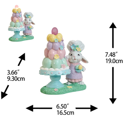 Easter bunny baker figurine with measurements — 7.48" H × 6.50" W × 3.66" D hand-painted resin Easter decoration with LED and glitter finish