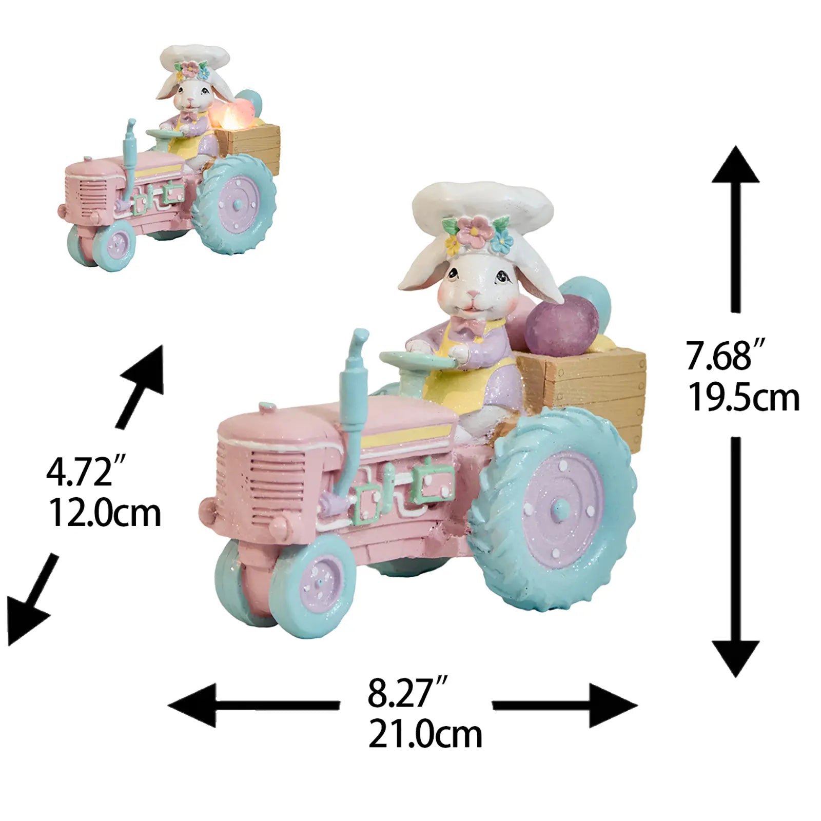 Easter bunny tractor figurine with measurements — hand-painted glitter resin LED spring décor