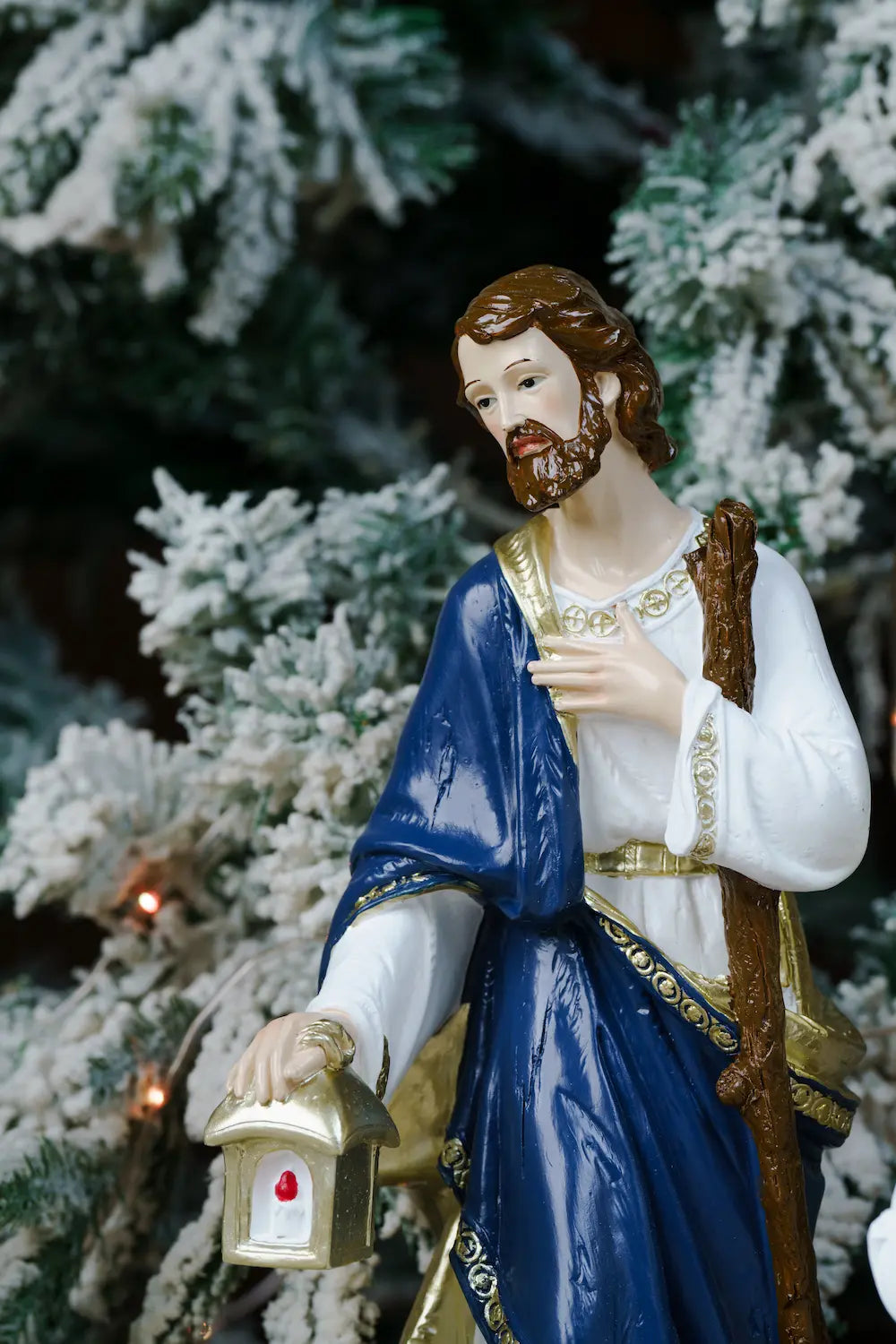 joseph lantern staff blue white hand painted nativity figure
