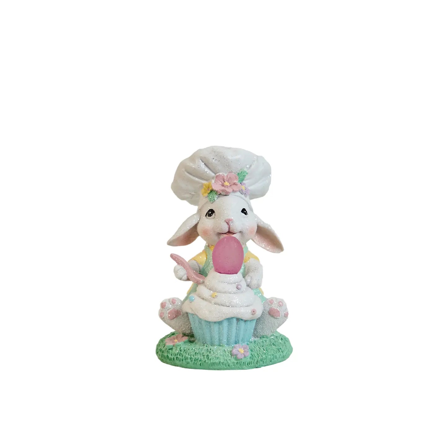 Hand-painted Easter bunny cupcake figurine with floral chef hat