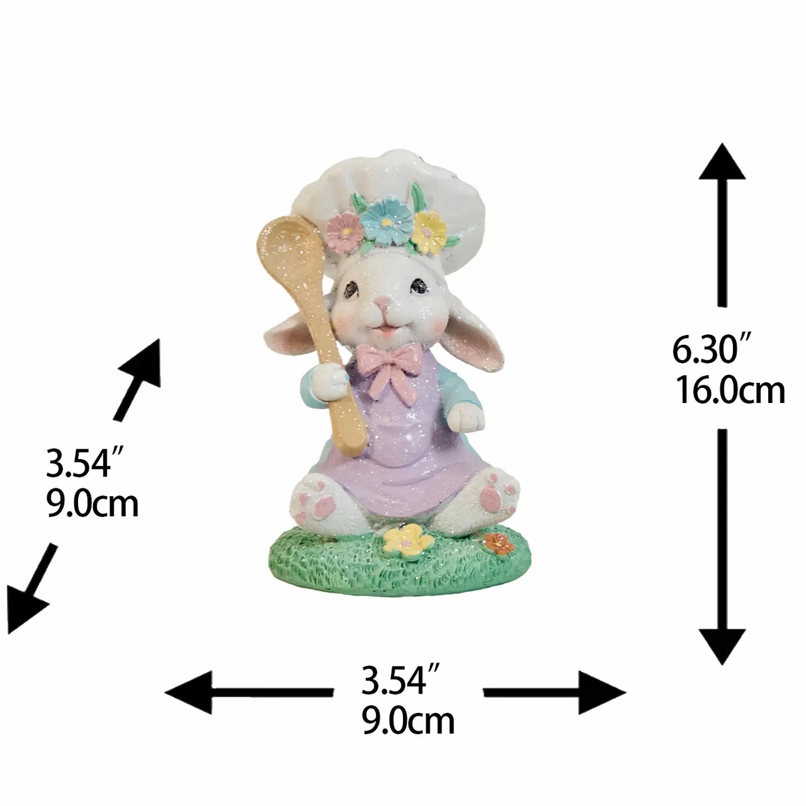 Easter bunny chef figurine with measurements — 6.30" H × 3.54" W × 3.54" D pastel glitter resin spring shelf sitter