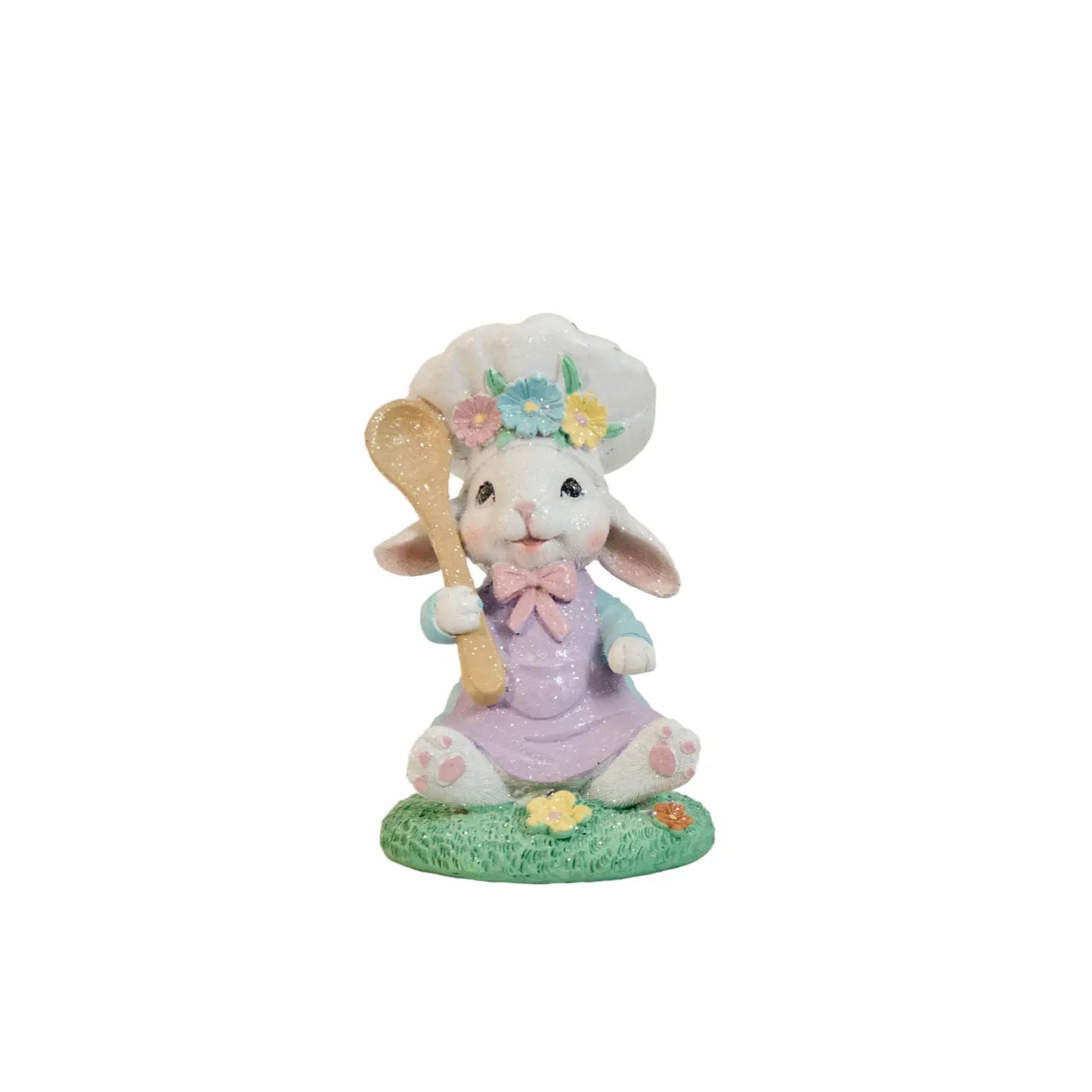Zayton Easter bunny chef figurine seated with golden spoon — hand-painted glitter resin spring decoration on white background