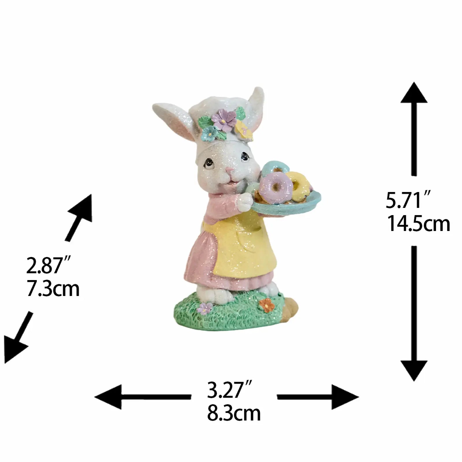 Standing Easter bunny figurine with measurements — 5.71" H × 3.27" W × 2.87" D pastel glitter resin spring shelf decoration
