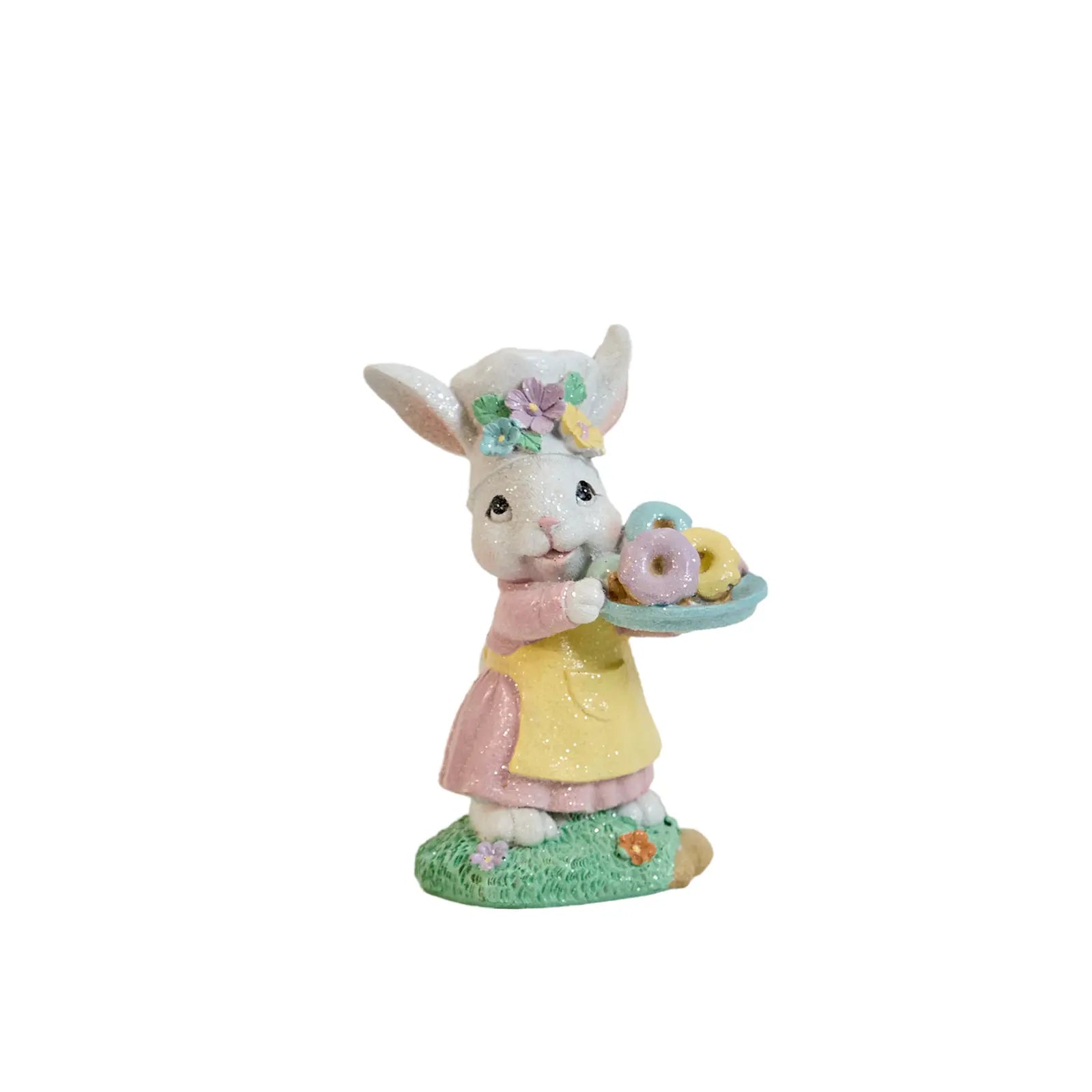 Zayton Easter bunny chef figurine standing with pastel donut tray — hand-painted glitter resin spring decoration on white background