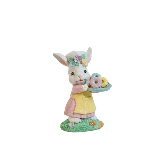 Zayton Easter bunny chef figurine standing with pastel donut tray — hand-painted glitter resin spring decoration on white background