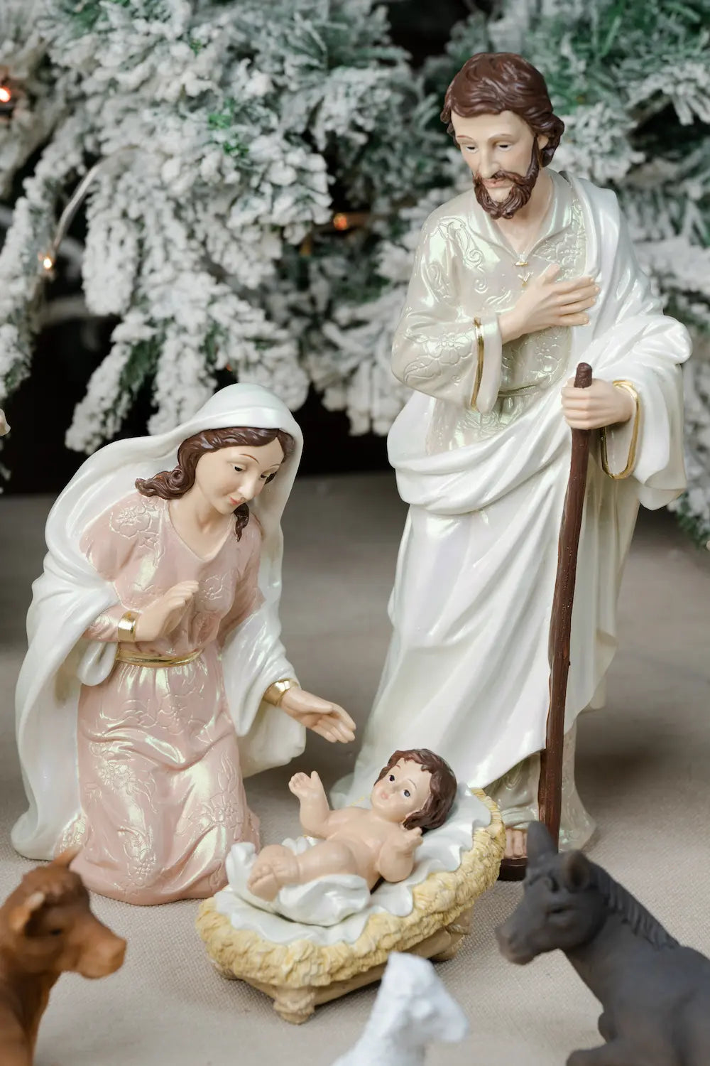 holy family mary joseph baby jesus blush pink pearlized finish