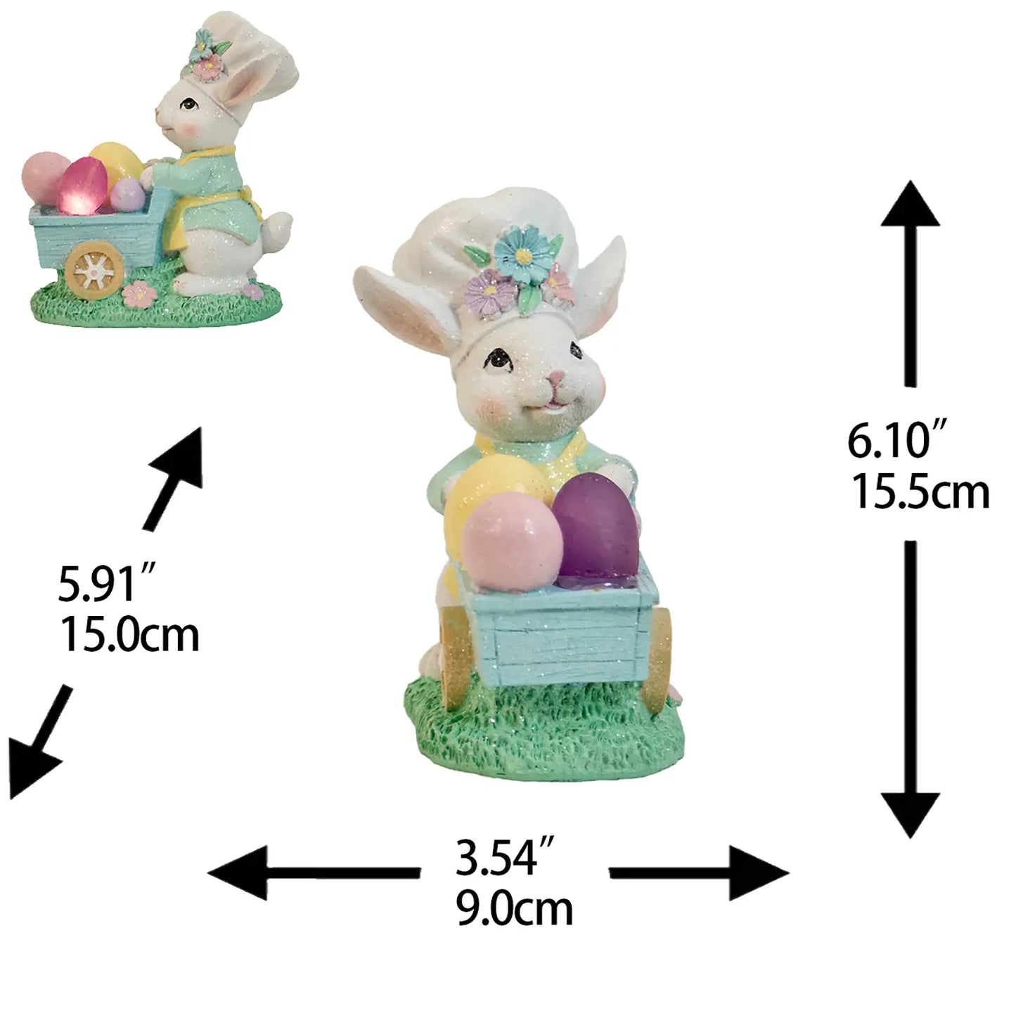 Easter Bunny Figurine with Egg Cart – Hand-Painted Glitter Resin Rabbit Pushing Pastel Easter Egg Wagon – Spring Tabletop Ornament, Easter Decoration & Whimsical Holiday Gift