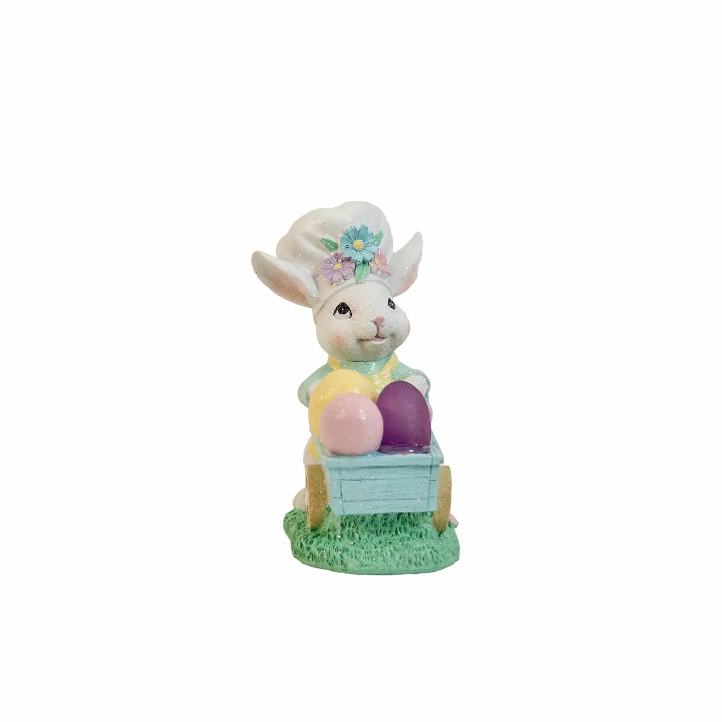 Easter Bunny Figurine with Egg Cart – Hand-Painted Glitter Resin Rabbit Pushing Pastel Easter Egg Wagon – Spring Tabletop Ornament, Easter Decoration & Whimsical Holiday Gift
