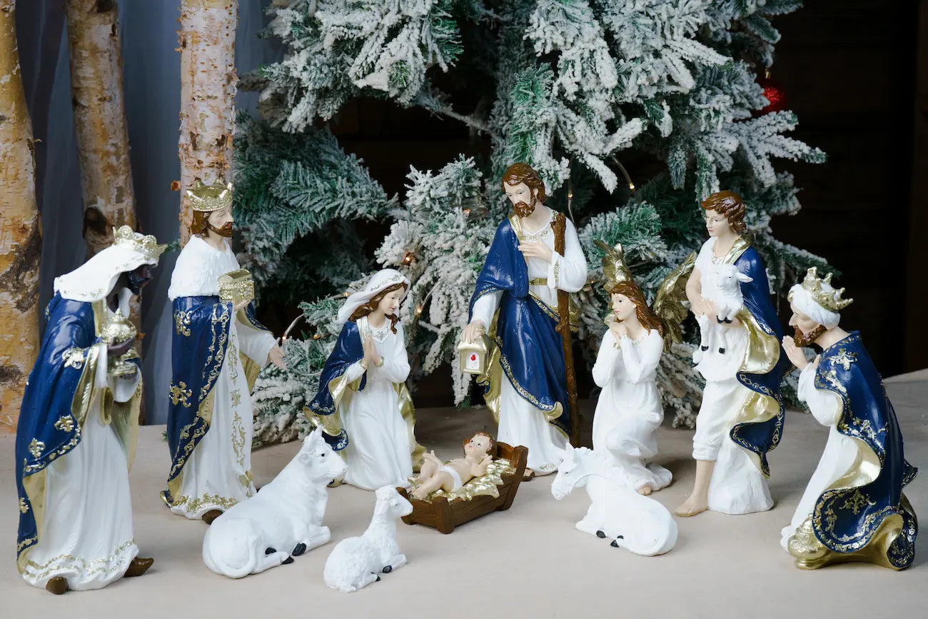 complete nativity set eleven pieces blue white church display