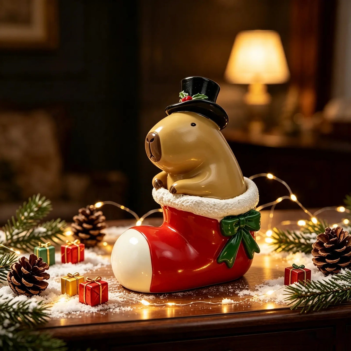 the capybara stocking boot figurine displayed on a festive wooden surface with pine cones, fairy lights, and mini gift boxes
