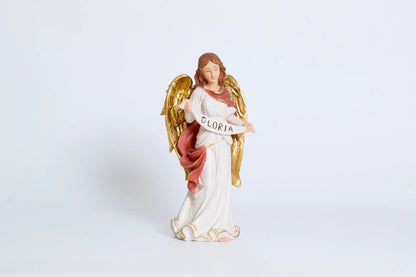 GLORIA angel figurine close-up with gold wings, Christmas angel nativity decor.