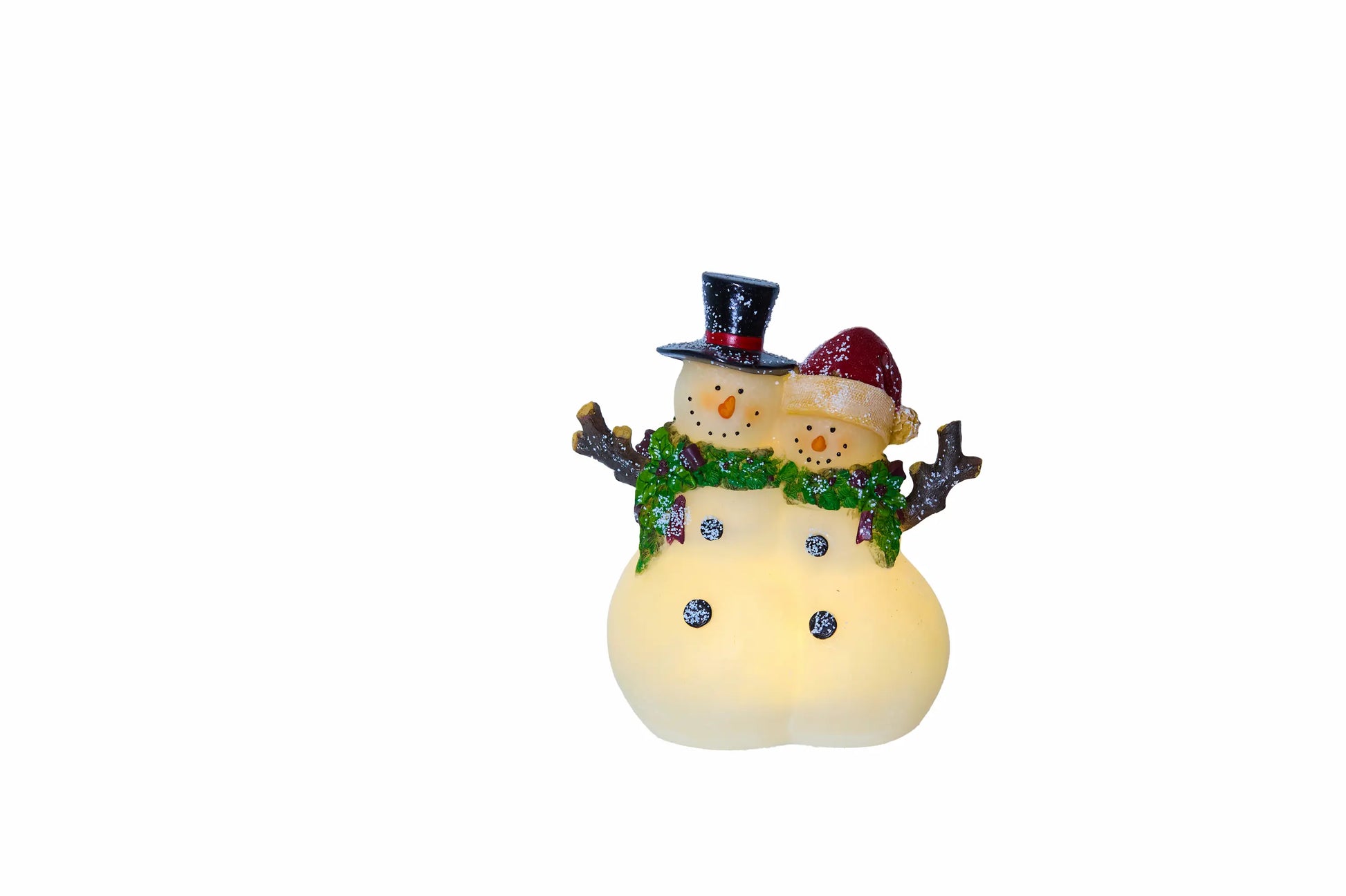 Snowman couple figurine front view on white background 
