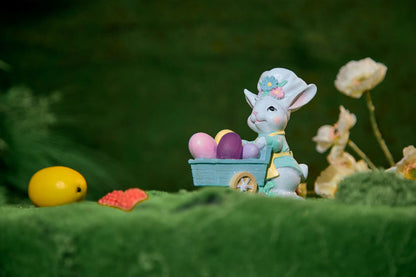 Easter Bunny Figurine with Egg Cart – Hand-Painted Glitter Resin Rabbit Pushing Pastel Easter Egg Wagon – Spring Tabletop Ornament, Easter Decoration & Whimsical Holiday Gift