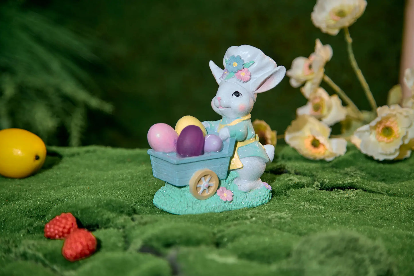 Easter Bunny Figurine with Egg Cart – Hand-Painted Glitter Resin Rabbit Pushing Pastel Easter Egg Wagon – Spring Tabletop Ornament, Easter Decoration & Whimsical Holiday Gift