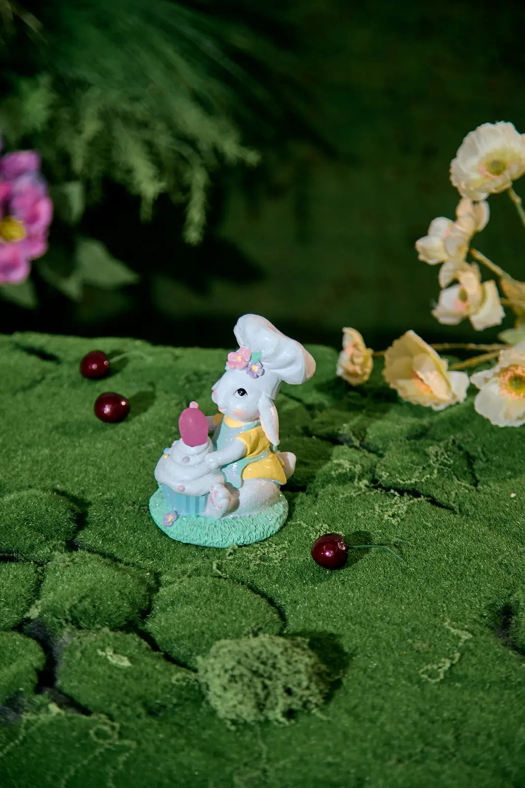 Easter bunny cupcake decoration side view with flowers
