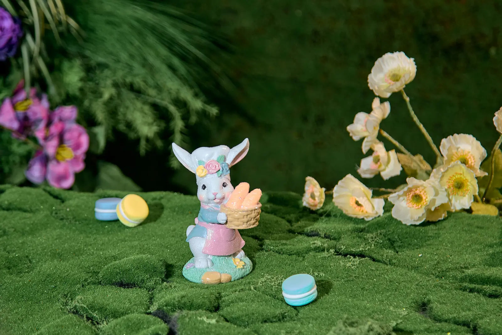 Easter bunny bread basket decor on green moss with spring flowers