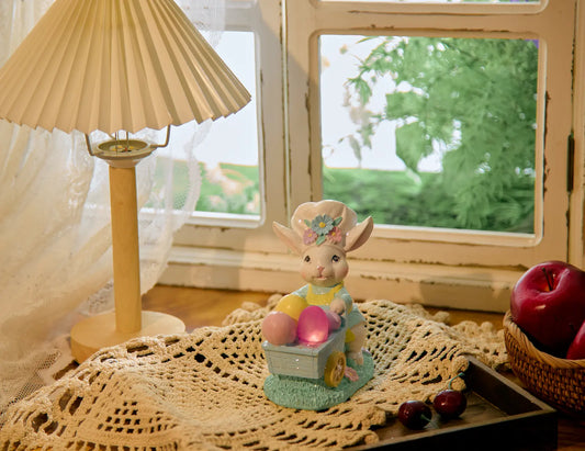 Easter Bunny Figurine with Egg Cart – Hand-Painted Glitter Resin Rabbit Pushing Pastel Easter Egg Wagon – Spring Tabletop Ornament, Easter Decoration & Whimsical Holiday Gift
