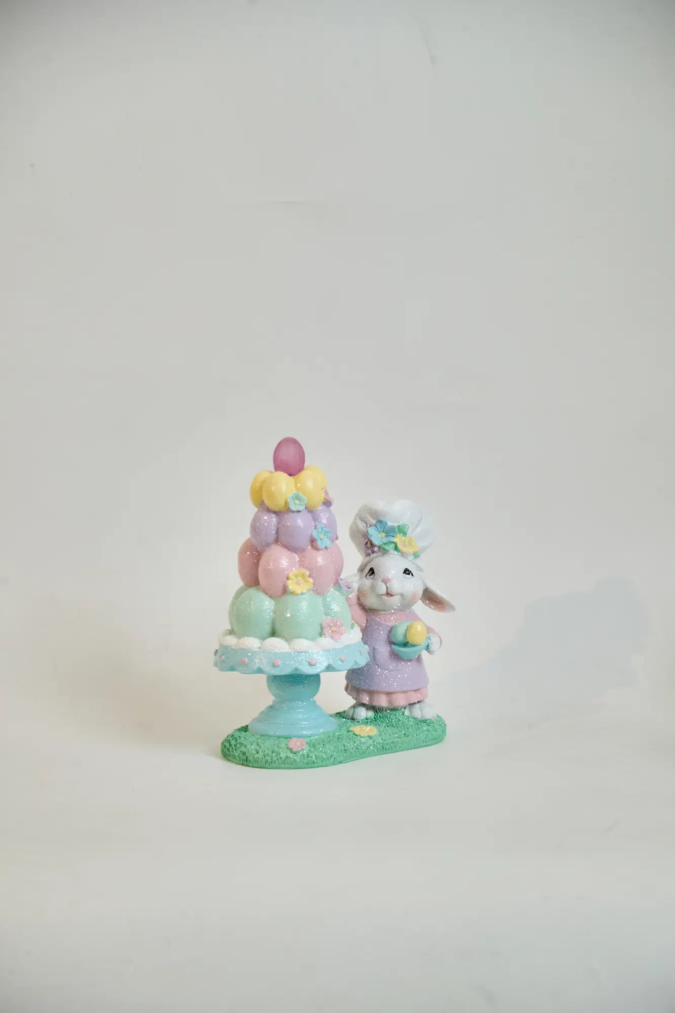  Zayton pastel Easter bunny chef figurine with tiered egg tower on mint cake stand