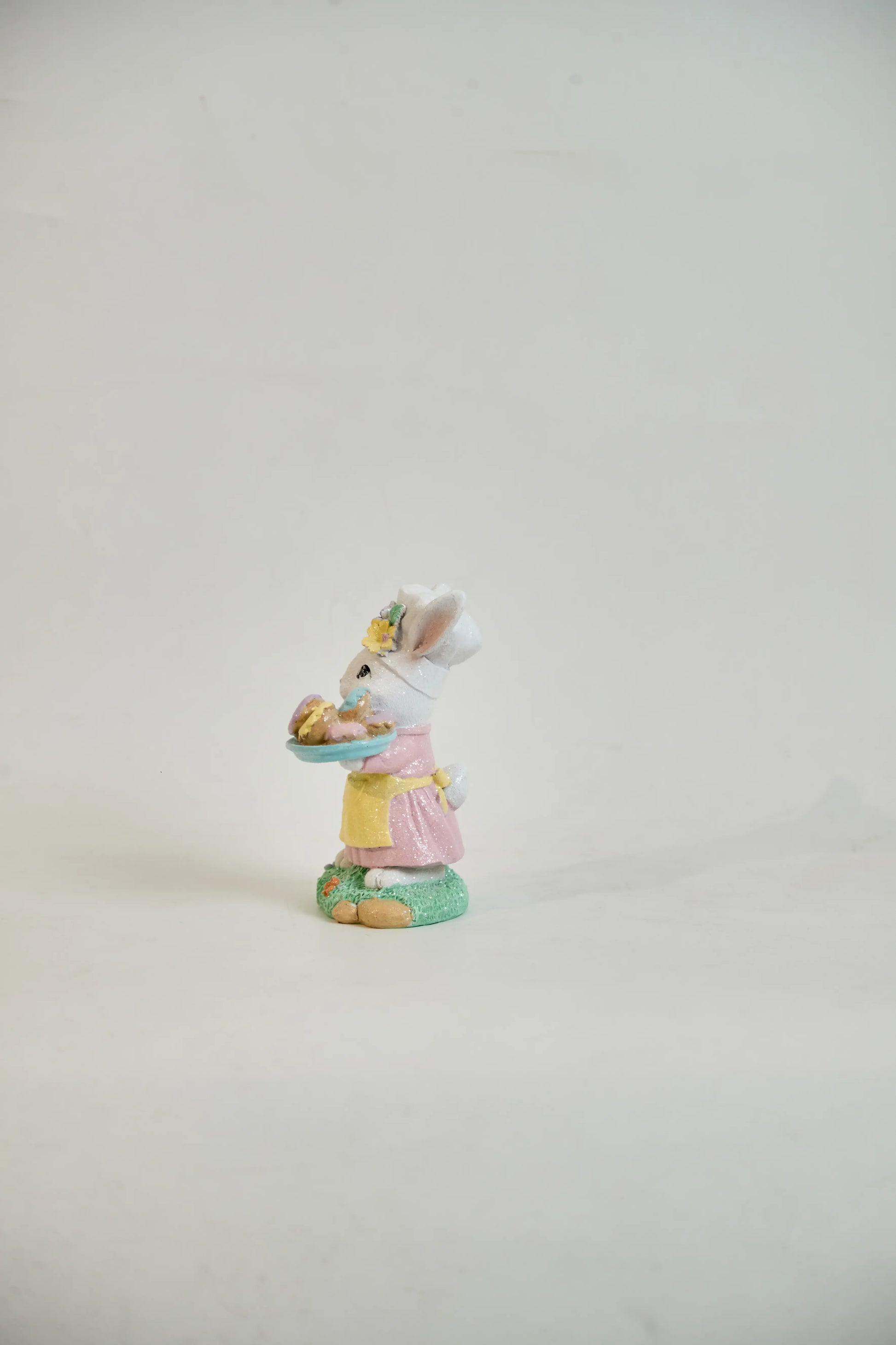 Easter bunny donut tray figurine side view— hand-painted glitter resin spring decoration