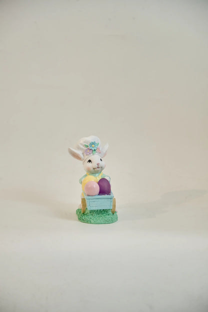 Easter Bunny Figurine with Egg Cart – Hand-Painted Glitter Resin Rabbit Pushing Pastel Easter Egg Wagon – Spring Tabletop Ornament, Easter Decoration & Whimsical Holiday Gift
