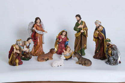 Full nativity scene arranged on white background, 8 inch tabletop nativity display.
