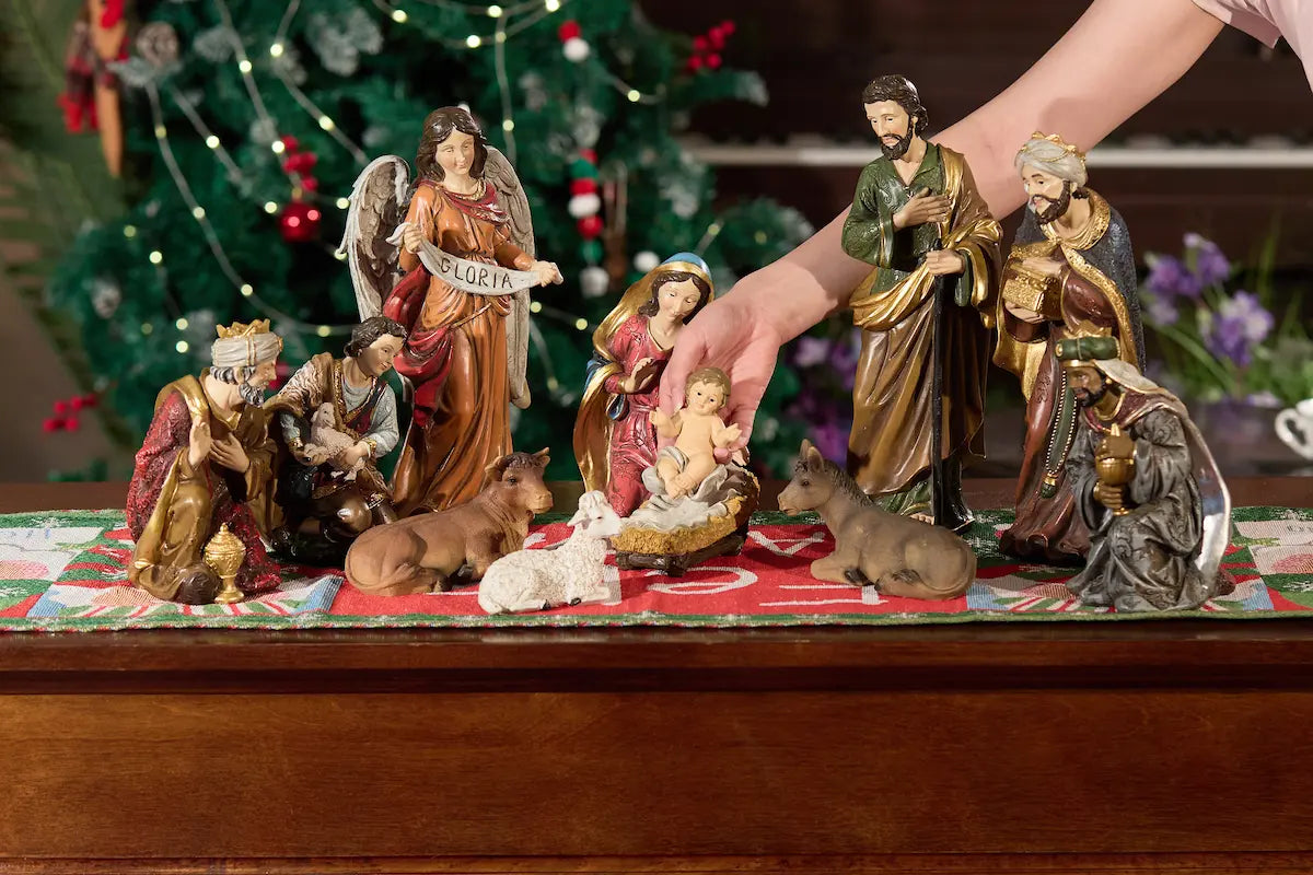 11 Piece Nativity Set - Hand-Painted Resin, Angel with "Gloria" Banner