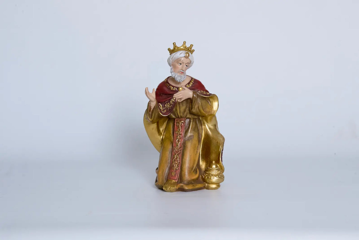 Nativity King Melchior close-up — hand-painted resin Magi figurine with gold crown
