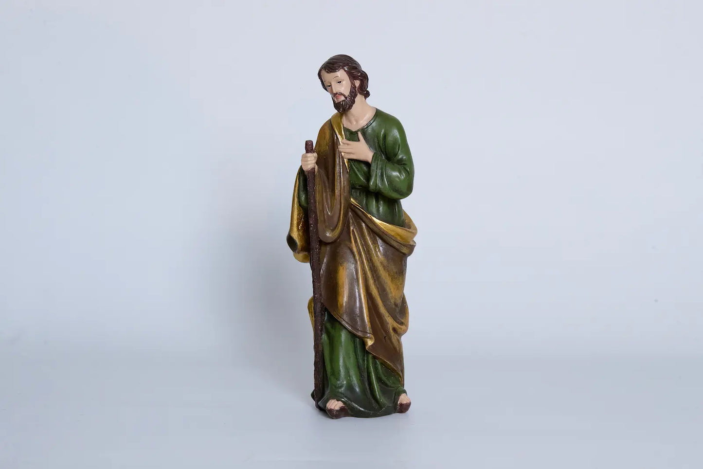 Nativity Saint Joseph close-up — hand-painted resin figurine with staff