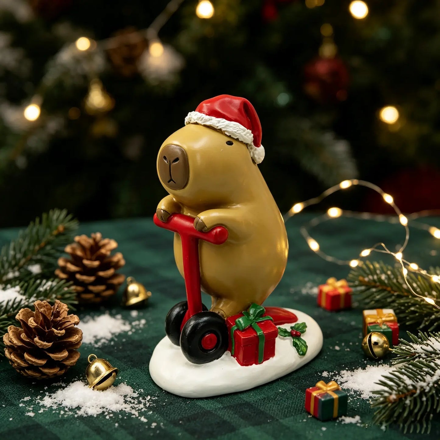 the capybara on scooter figurine displayed on a green surface with pine cones, gold bells, fairy lights, and mini gift boxes