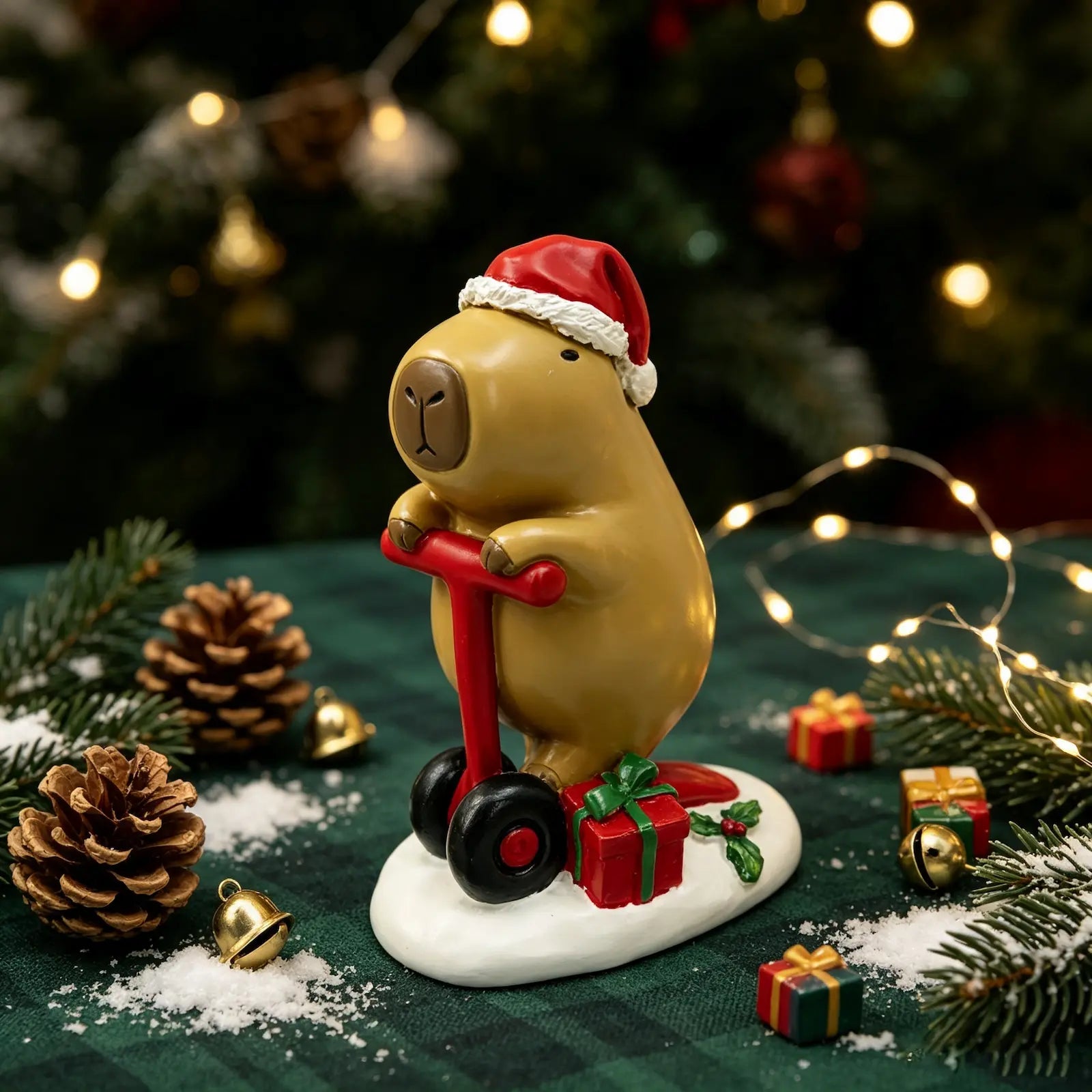 the capybara on scooter figurine displayed on a green surface with pine cones, gold bells, fairy lights, and mini gift boxes