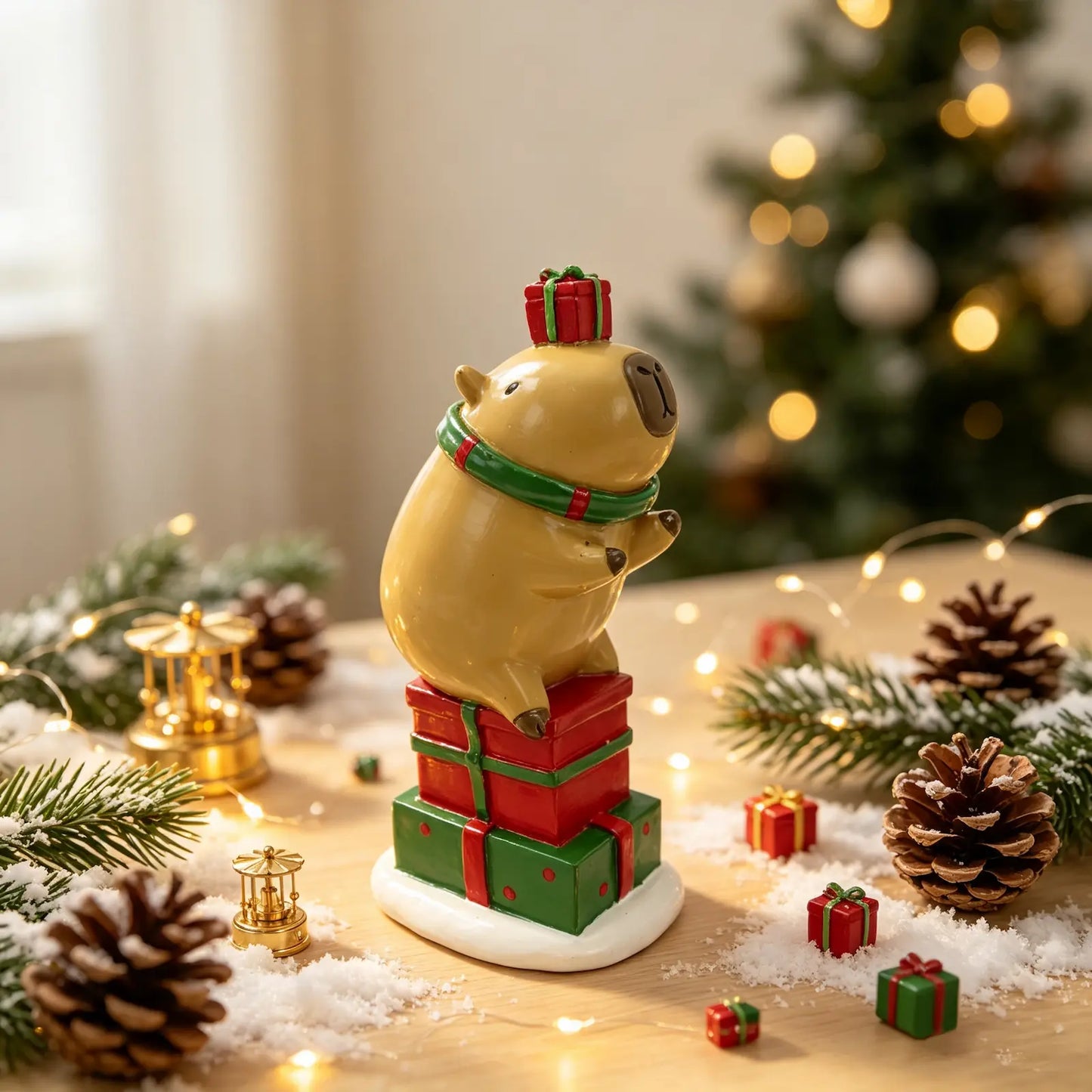the capybara figurine on gift stack displayed among pine branches, pine cones, fairy lights, and mini presents with a Christmas tree in the background