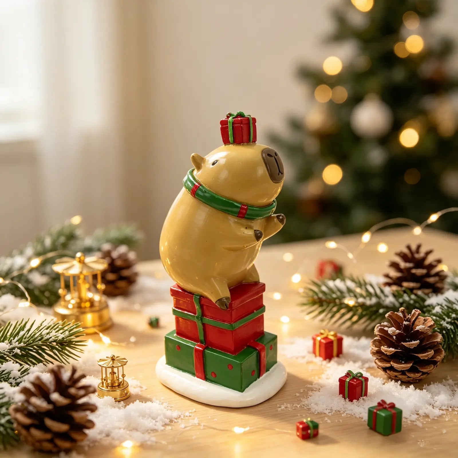 the capybara figurine on gift stack displayed among pine branches, pine cones, fairy lights, and mini presents with a Christmas tree in the background