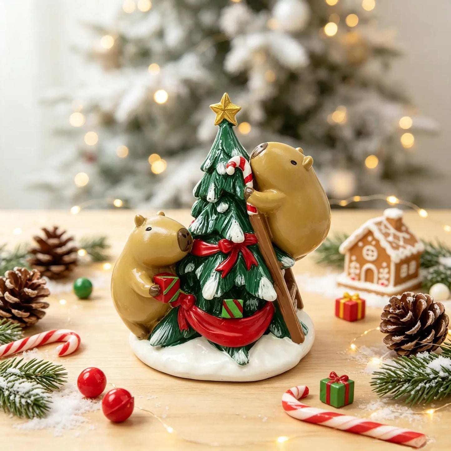  two capybaras figurine decorating a Christmas tree surrounded by candy canes, pine cones, fairy lights, and a gingerbread house