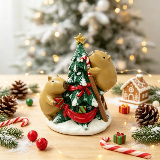  two capybaras figurine decorating a Christmas tree surrounded by candy canes, pine cones, fairy lights, and a gingerbread house