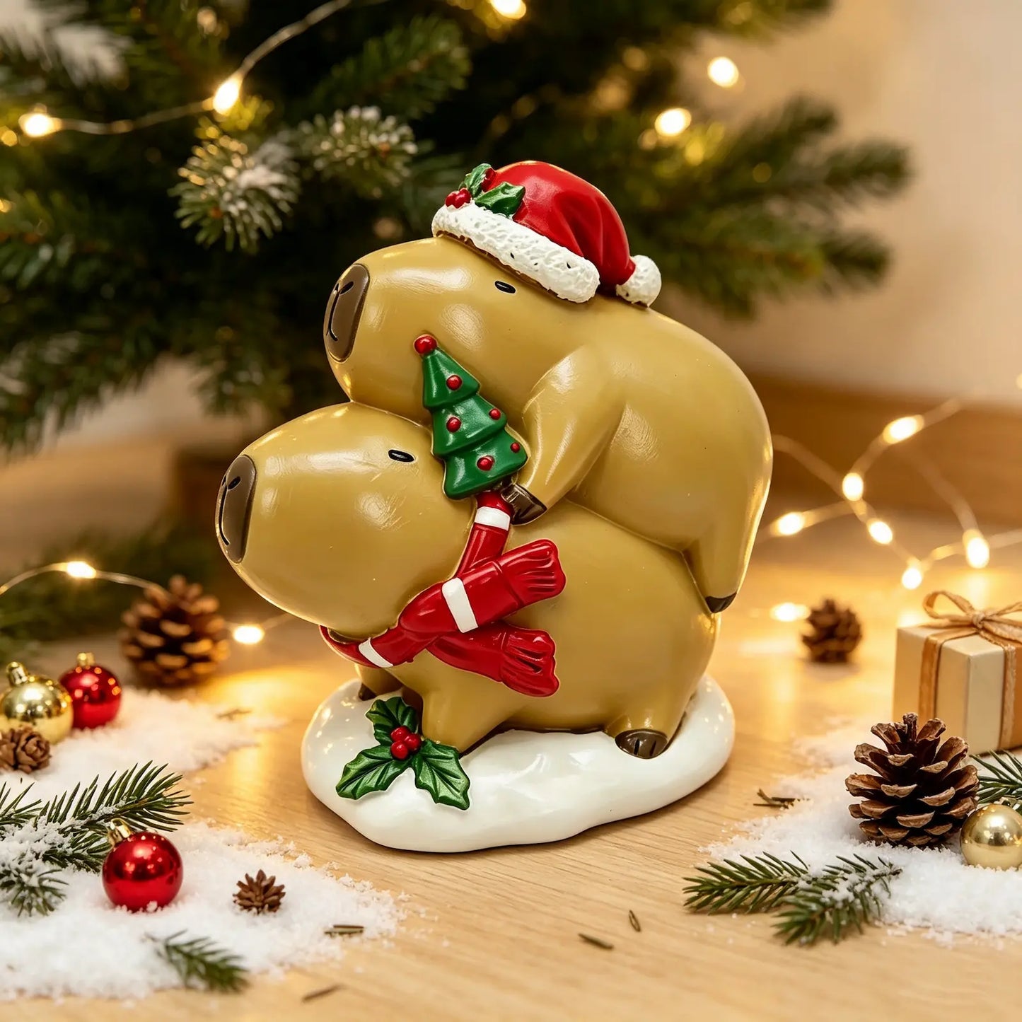 the capybara stacking duo figurine displayed under a Christmas tree with fairy lights, pine cones, and gift boxes