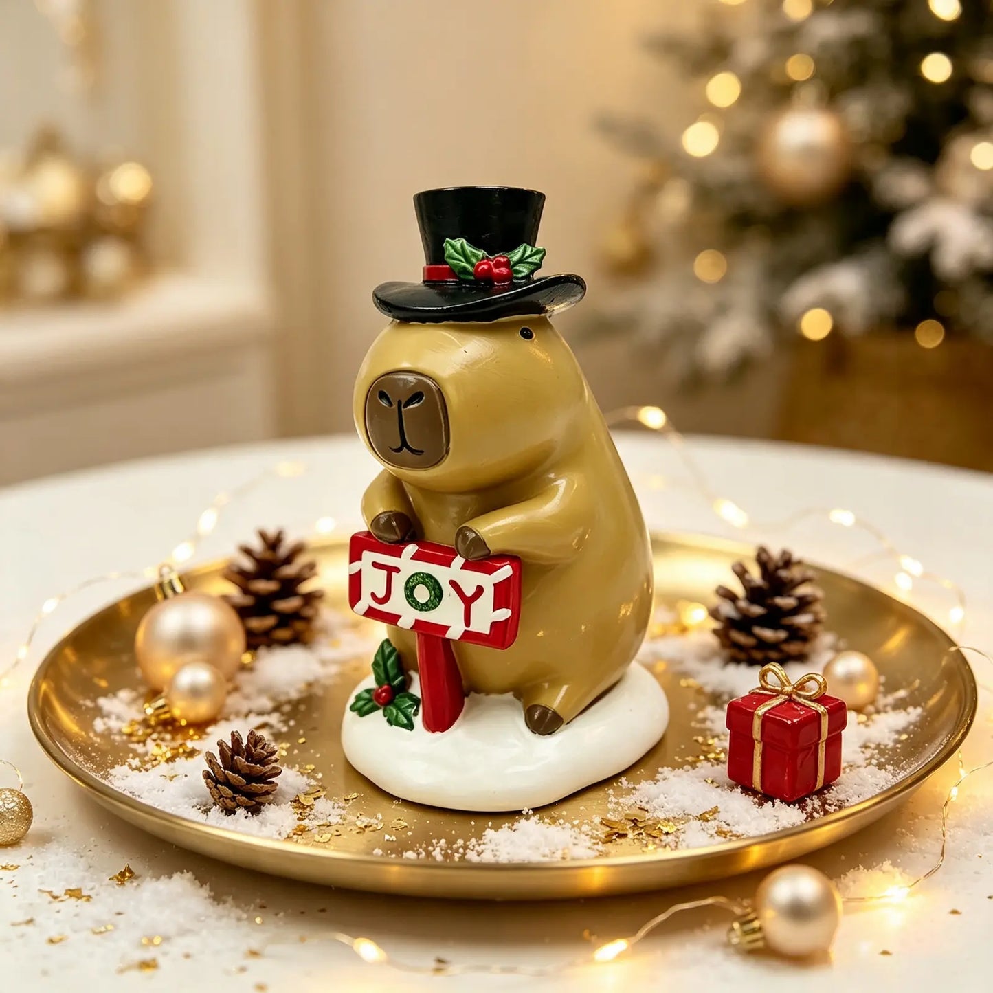 the capybara with JOY sign figurine displayed on a gold tray with fairy lights, pine cones, and Christmas ornaments
