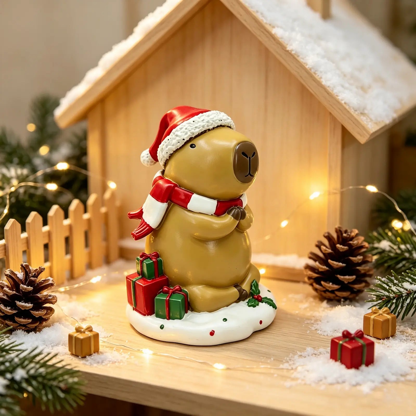the capybara with gift stack figurine displayed in front of a wooden snow-covered house with fairy lights, pine cones, and mini gift boxes