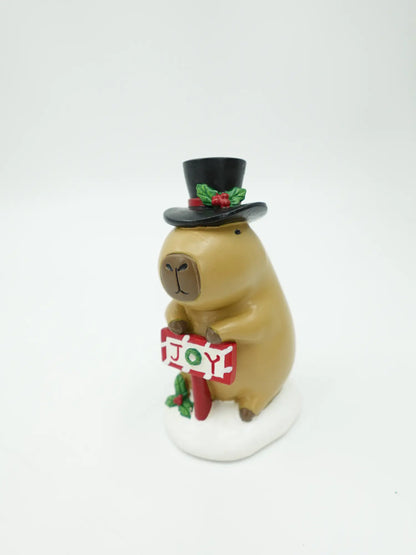 JOY Christmas Capybara Figurine with Top Hat, Hand-Painted Resin Holiday Shelf Decor