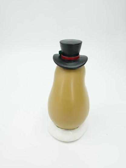 the capybara showing the black top hat with red band and the rounded silhouette on a white snow base, back view