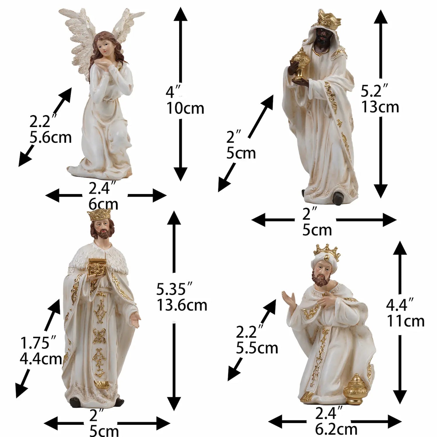 5 inch White and gold angel and three Wise Men nativity figurines with dimensions — hand-painted resin crèche pieces