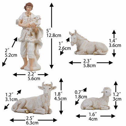 5 inch White nativity shepherd, ox, donkey, and sheep figurines with individual measurements