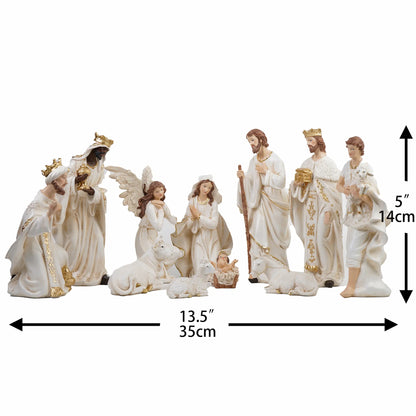 Full 11-piece white and gold nativity scene showing 13.5-inch display width and 5-inch height
